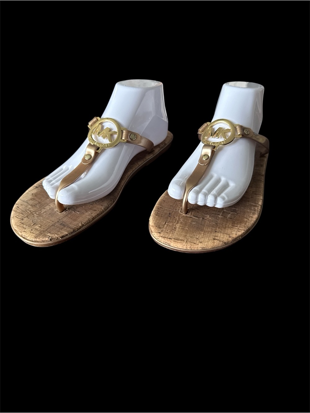 Michael Kors Metallic Gold Logo Thong Sandals with Cork-Style Footbed